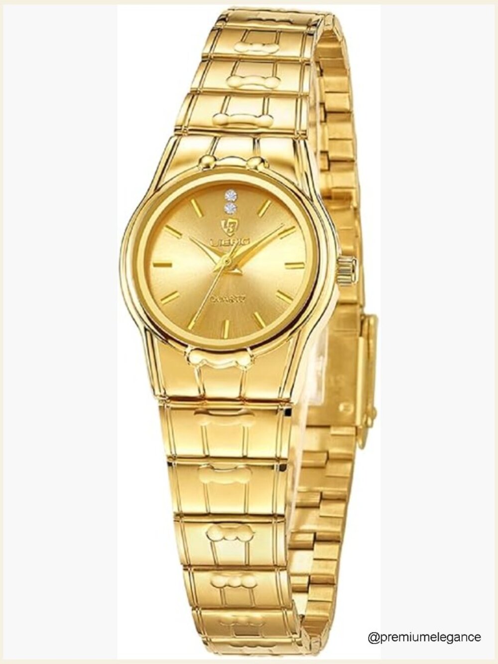 Luxury Gold Quartz Watch Round Dial Diamond Accents Stainless Steel Strap